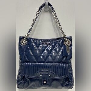 Coach Poppy Quilted Liquid Glass Patent Leather bag in navy blue EUC